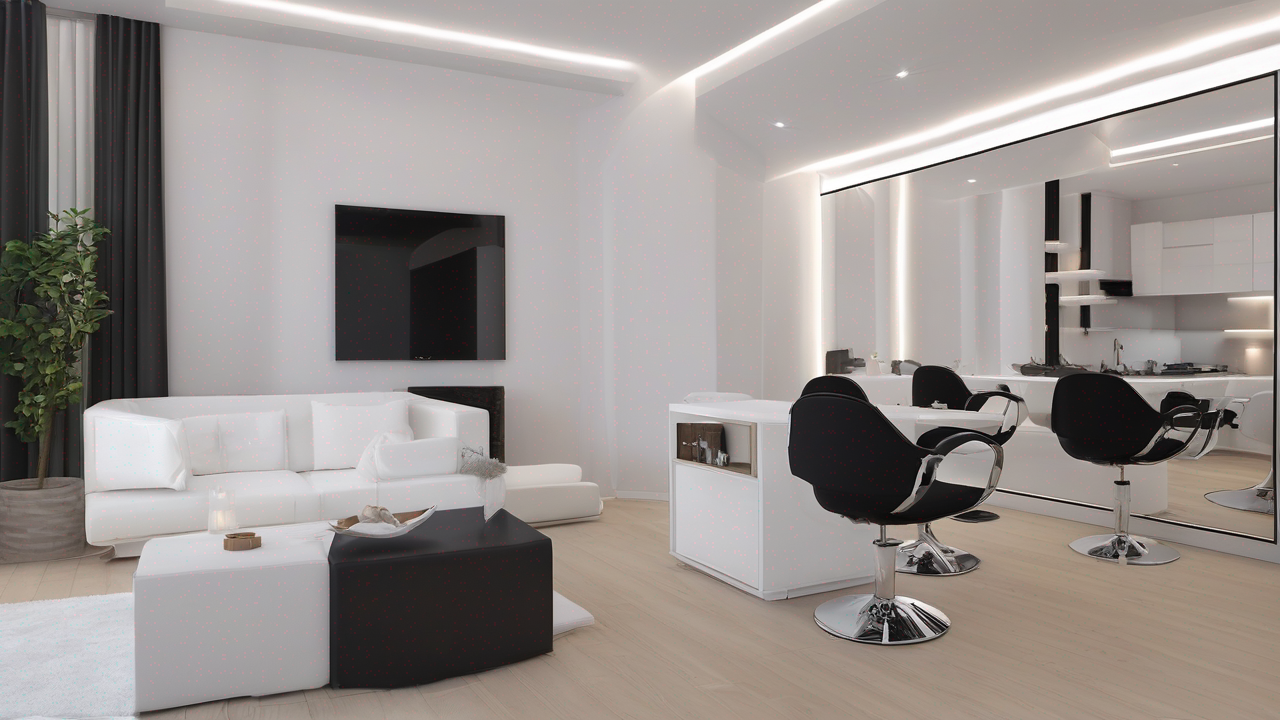 Minimalistyczny salon z dużymi oknami i subtelnymi roletami w neutralnych kolorach