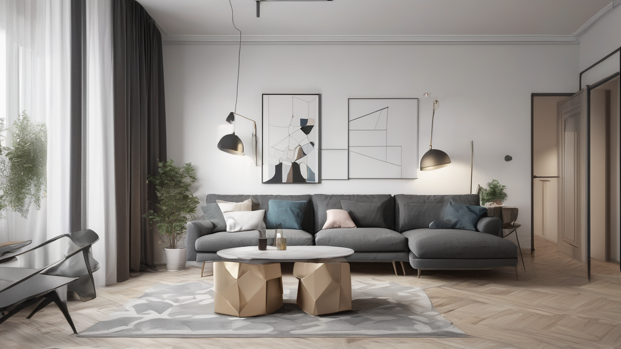 Nowoczesne zasłony w geometryczne wzory w minimalistycznym apartamencie