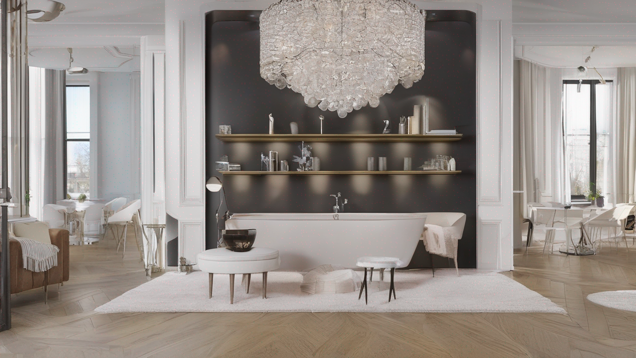 Nowoczesny salon z wysokimi oknami i długimi, eleganckimi zasłonami w kolorze głębokiej zieleni kontrastującej z jasnym wnętrzem